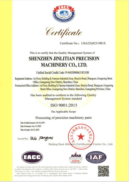 China Shenzhen Jinlitian Precision Machinery Co., Ltd. Certificações